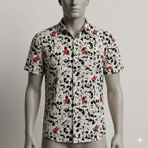 Disney Mickey Mouse Mens XL Button Up Shirt All Over Print Rayon Short Sleeve BW